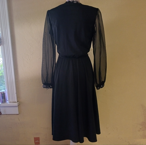 Vintage Union made fancy black sheer sleeve secretary midi dress sequin detail 8 - Picture 8 of 12